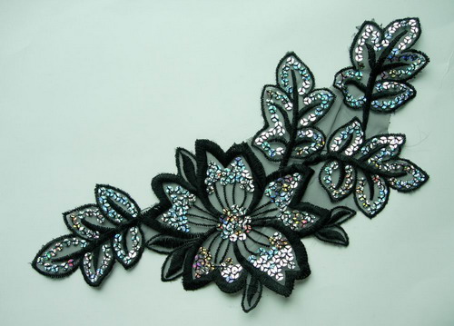 VF40 Hologram Sequin Venice Applique Leaf Flower BLACK 2pcs
