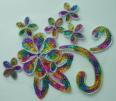 VF60 2pc Trim Cord Flowers Venice Sequin Applique Hologram Motif