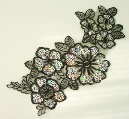 VF43 Hologram Sequin Venice Applique Long Floral Black 2pcs