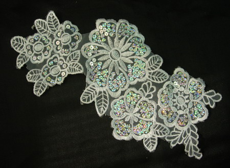 VF42 Hologram Sequin Venice Applique Long Floral WHITE 2pcs