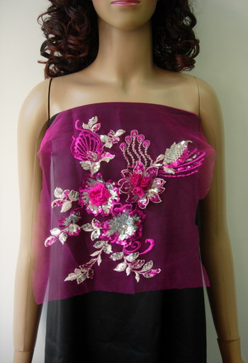 VF134 Fuchsia Silver Tier 3D Floral Emb Sequined Trim Applique