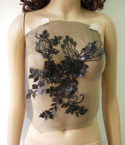 VF136 Black Layered 3D Floral Emb Sequined Trim Applique