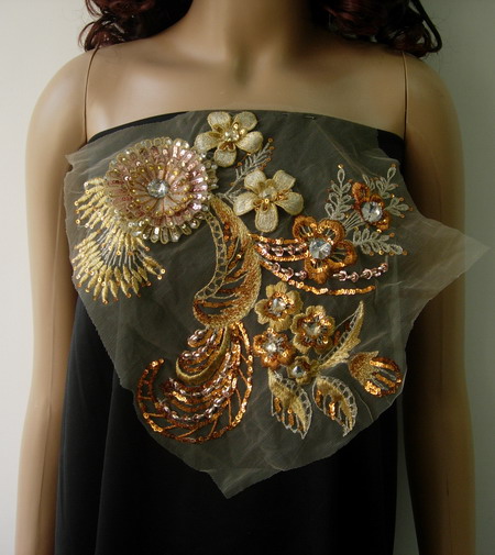 VF140 Gold/Brass Layered 3D Floral Gemstones Trim Tulle Applique - Click Image to Close