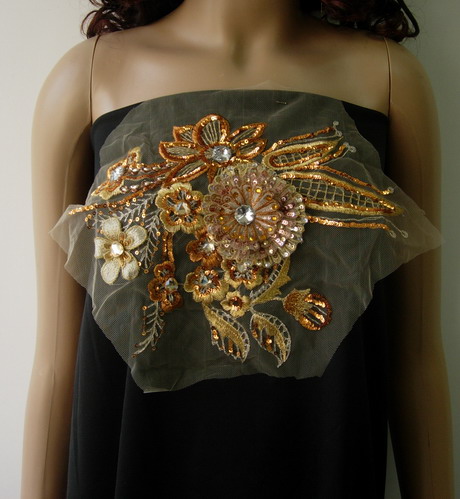 VF144 Gold/Brass 3D Flora Flower Gemstones Trim Tulle Applique - Click Image to Close