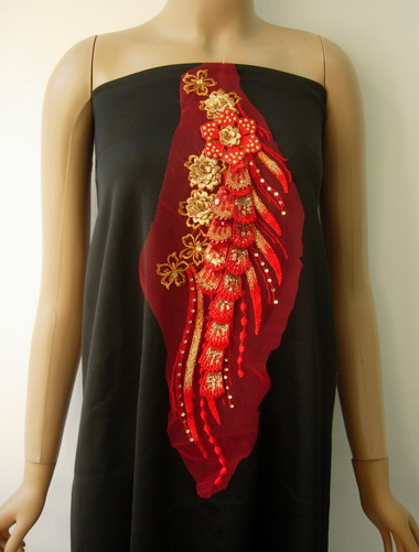 VF152 Tier 3D Tail Floral Sequin Trim Tulle Applique Red Gold - Click Image to Close