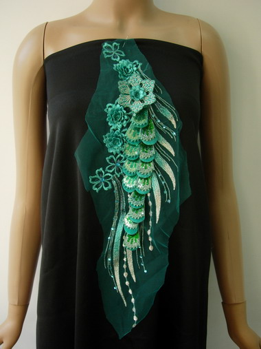VF153 Tier 3D Tail Floral Sequin Trim Tulle Applique Turquoise