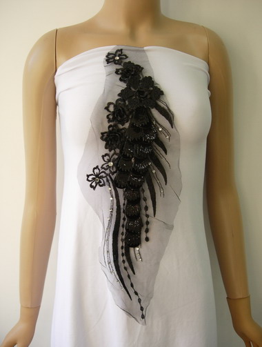 VF154 Tier 3D Tail Floral Sequin Trim Tulle Applique Black - Click Image to Close