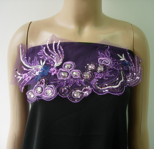 VF173 Purple Tail Floral Gemstones Trimming Tulle Applique