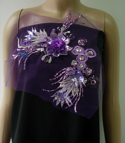 VF174 Lavender 3D Floral Leaf Gemstones Trimming Tulle Applique - Click Image to Close