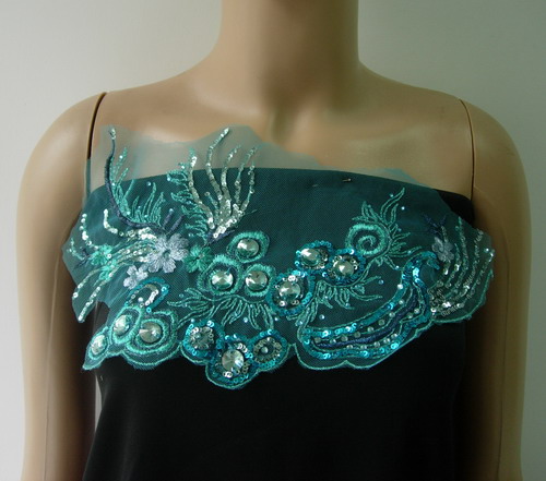 VF175 Aqua Tail Floral Gemstones Trimming Tulle Applique