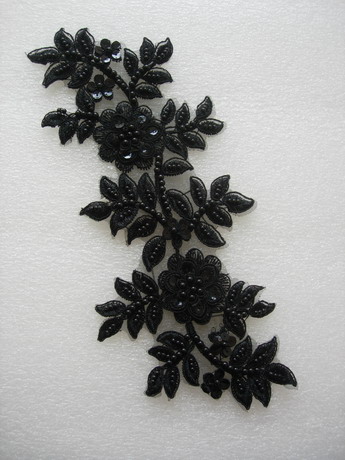 VF178-2 Curl Floral Sequined Beaded Venise Applique Black