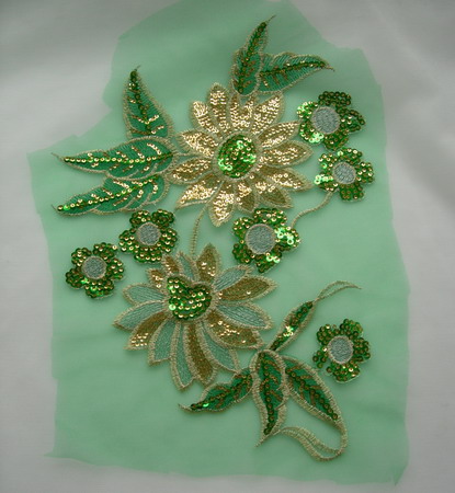 VF180-2 Green Gold Floral Embroidered Sequin Trim Tulle Applique VF180-2 Green Gold Floral Embroidered Sequin Trim Tulle Applique