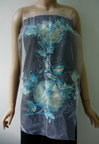 VF182 Large Aqua Floral Peony Sequined Trims Tulle Applique