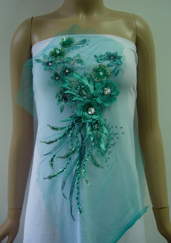 VF188 Tier Floral Leaves Gems Sequin Beaded Tulle Applique Teal