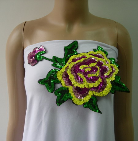 VF211 Brightly Colored Floral Rose Peony Sequined Applique Motif - Click Image to Close