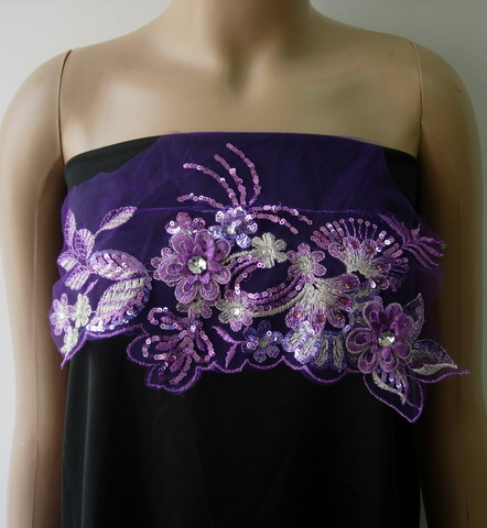 VF213-2 Purple Floral Leaf Gemstone Sequined Tulle Applique