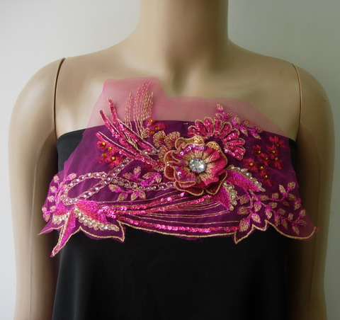 VF237 Fuchsia Tier Floral Leaf Gemstone Sequined Tulle Applique - Click Image to Close