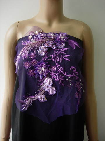 VF239 Purple 3D Tail Floral Gemstone Sequined Tulle Applique