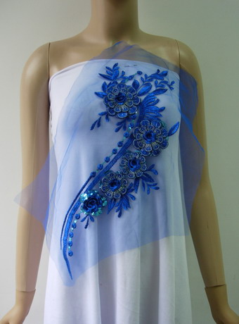 VF243 Royal Blue 3D Tier Flower Floral Sequined Tulle Applique - Click Image to Close