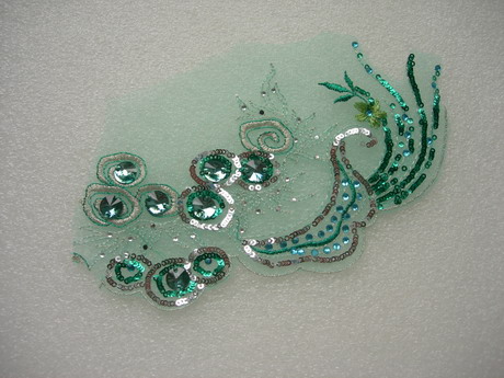 VF270 Teal Tail Floral Gemstones Trimming Tulle Applique