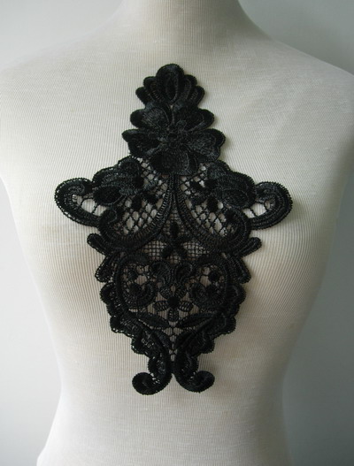 VT185 Vintage Front/Shoulder Lace Venise Venice Applique Black 2 - Click Image to Close