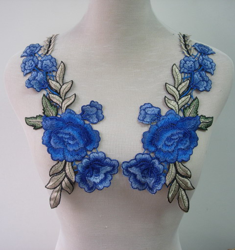VT204-2 Blue Tone Pair Flower Peony Rose Lace Venise Applique