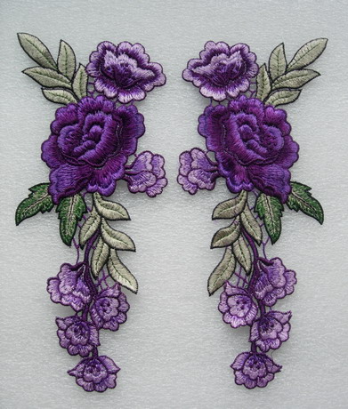 VT204-3 Purple Tone Pair Flower Peony Rose Lace Venise Applique