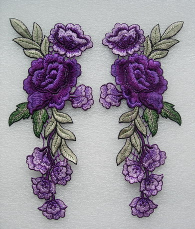 VT204-3 Purple Tone Pair Flower Peony Rose Lace Venise Applique - Click Image to Close