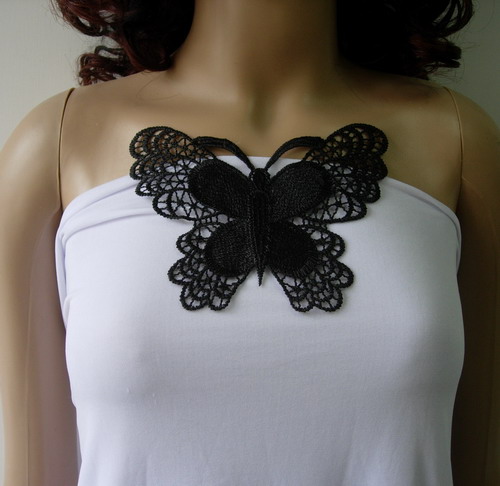 VT261 Lace Butterfly Embroidered Venise Venice Applique Black x4 - Click Image to Close