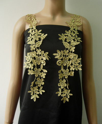 VT270-2 Long Paired Floral Metallic Trims Lace Applique Gold