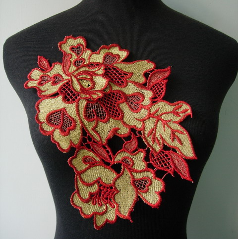 VT281 Red Gold Metallic Trim Floral Peony Lace Applique Motif