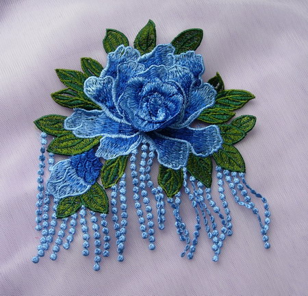 VT496 Fringed Tier Rose Floral Venise Applique Motif Blue