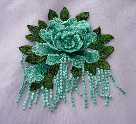 VT497 Fringed Tier Rose Floral Venise Applique Motif Green VT497 Fringed Tier Rose Floral Venise Applique Motif Green