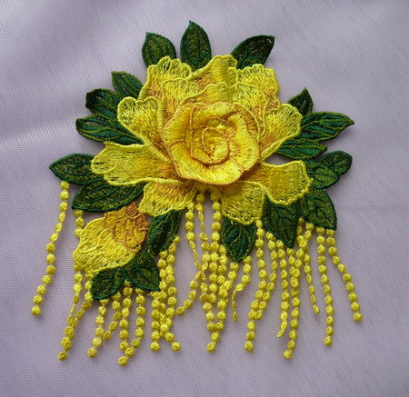 VT499 Fringed Tier Rose Floral Venise Applique Motif Yellow