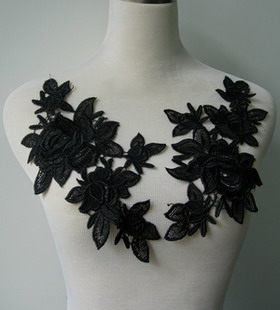 Pair of Black Flower Lace Appliques