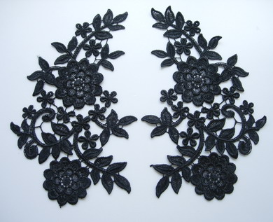 VT92-2 Large Mirror Pair Floral Lace Venise Venice Applique Blk