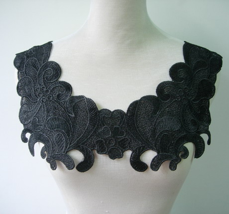 VK243 Trendy Floral Collar Neckline Venise Venice Applique Black