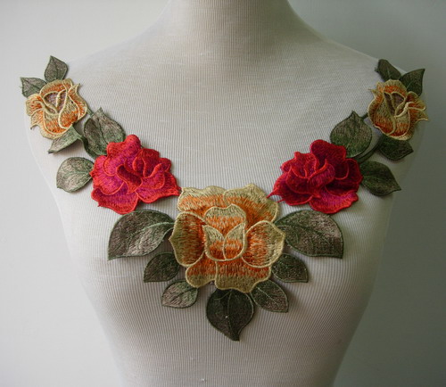 VK292 Colorful Rose Rosette Collar Yoke Lace Venise Applique