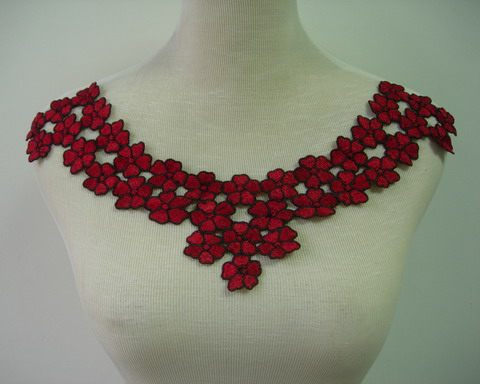 VK309 Pretty Flowers Collar Neckline Lace Venise Applique Maroon - Click Image to Close