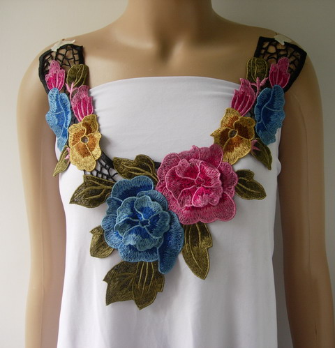 VK343 Colorful Flower Neckline Lace Venise Embroidery Applique - Click Image to Close