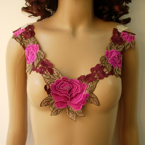 VK372 Fuchsia Rose Peony Collar Yoke Lace Venise Applique