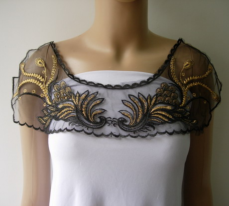 VK478 Peacock Tail Neckline Metallic Trim Net Applique Blk Gold - Click Image to Close