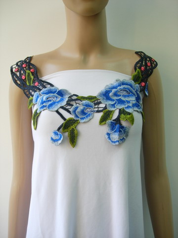 VK484 Blue-tone Floral Leaves Lace Venise Applique Neck Collar