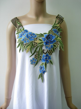 VK527 Blue & Gold Trims 3D Roses Neckline Lace Applique