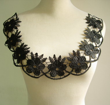 VK67 Black Floral Flowers Collar Neckline Venice Venise Applique VK67 Black Floral Flowers Collar Neckline Venice Venise Applique