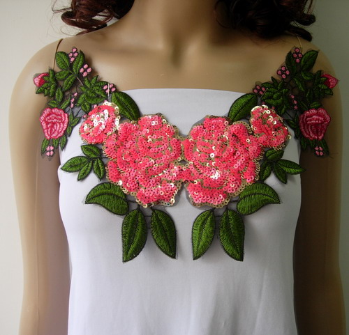 VN142 Pink Floral Rose Collar Embroidered Sequined Applique